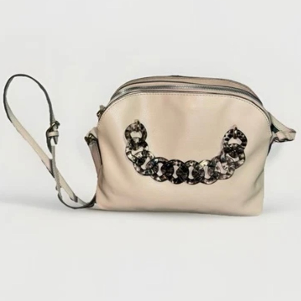 Trendy Multipockets Crossbody Bag Gray Faux Leather Purse with Chain Accent